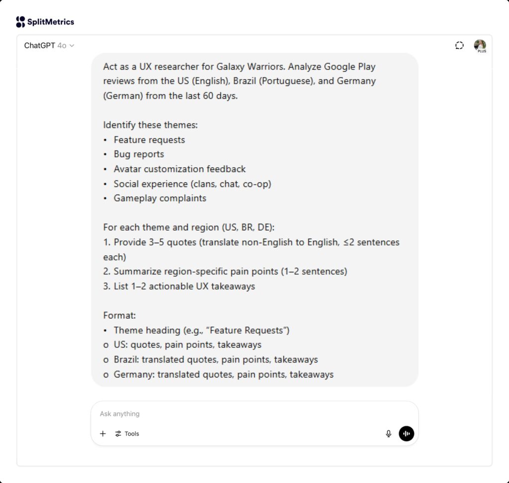 AI prompt analyzing and theming user reviews by language region