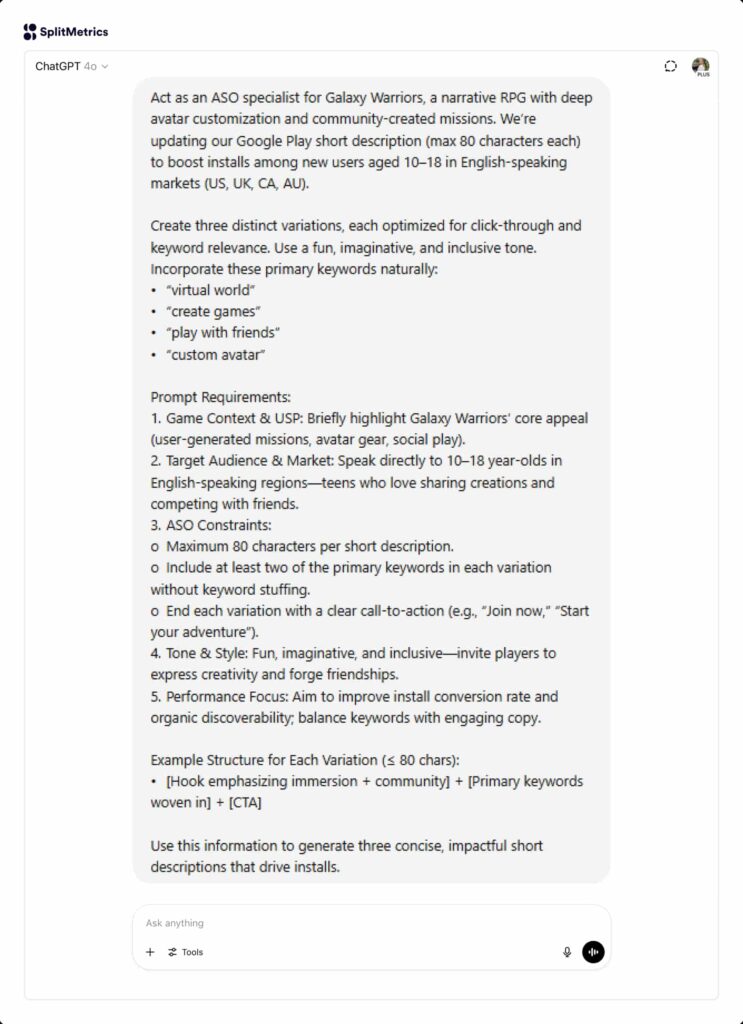 AI prompt draft app store metadata variations