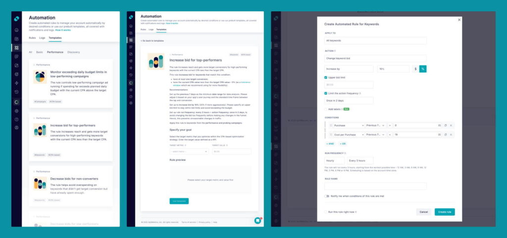 Apple Ads automation template, showcasing the process of rule creation in SplitMetrics Acquire.