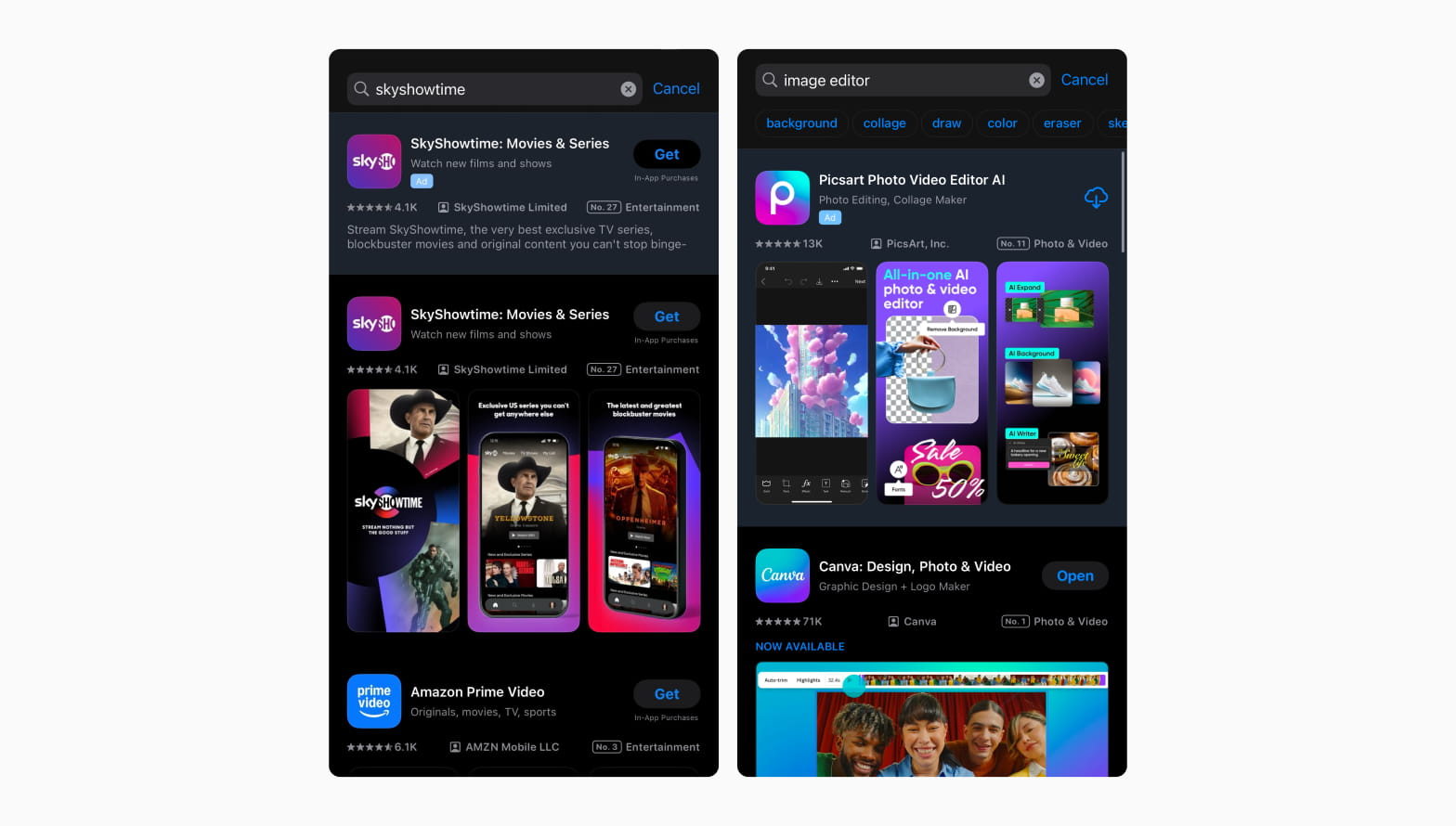 Comparison of Apple Ads search results ads appereance, organic and paid on the left belonging to the same app and ad being reduced. On the right, a competitor's ad (full) over an organic result.