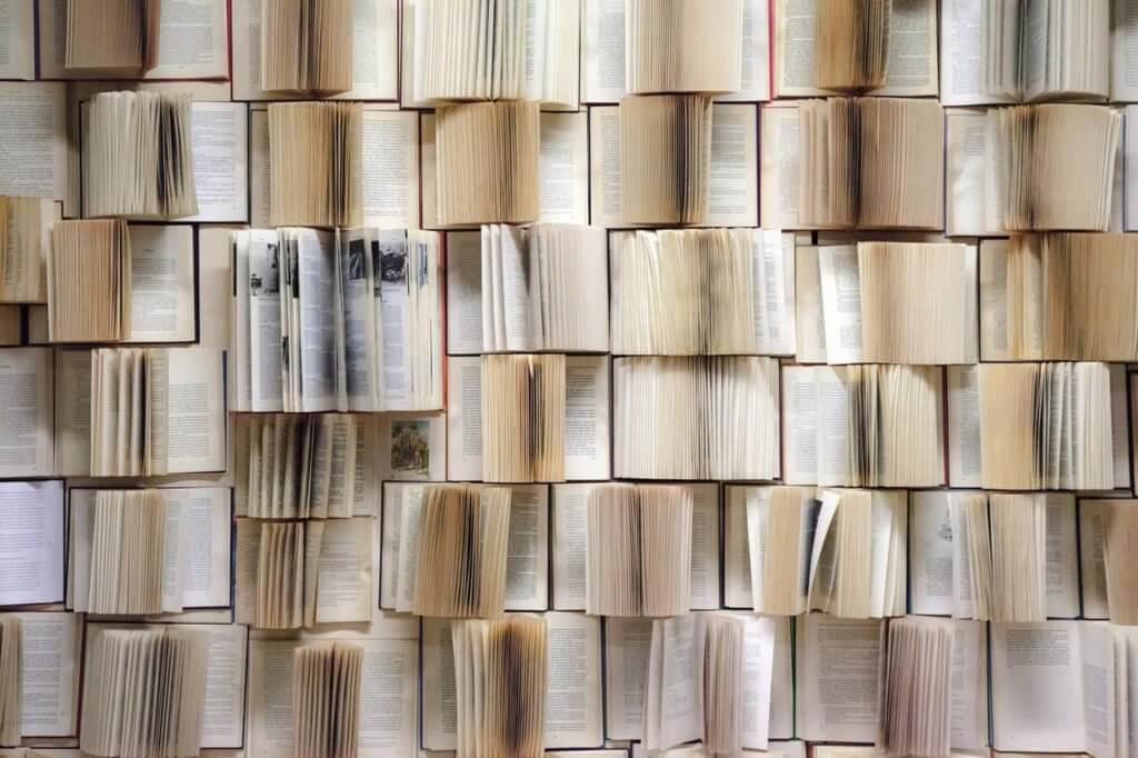 A wall of open books