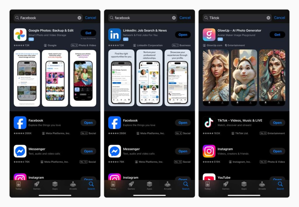 Search results ads in Apple Ads targeting branded keywords of other apps, example of competitor campaigns, collected from the App Store by SplitMetrics