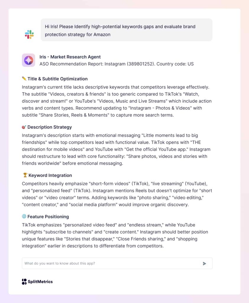 Example of output in Iris, AI agent for the analysis of Amazon app