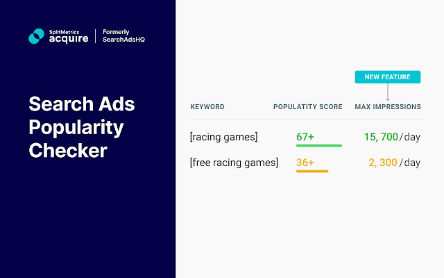 An official screenshot of the SplitMetrics' Search Ads Keyword Popularity Checker, showcasing the popularity score and max available impressions for it.