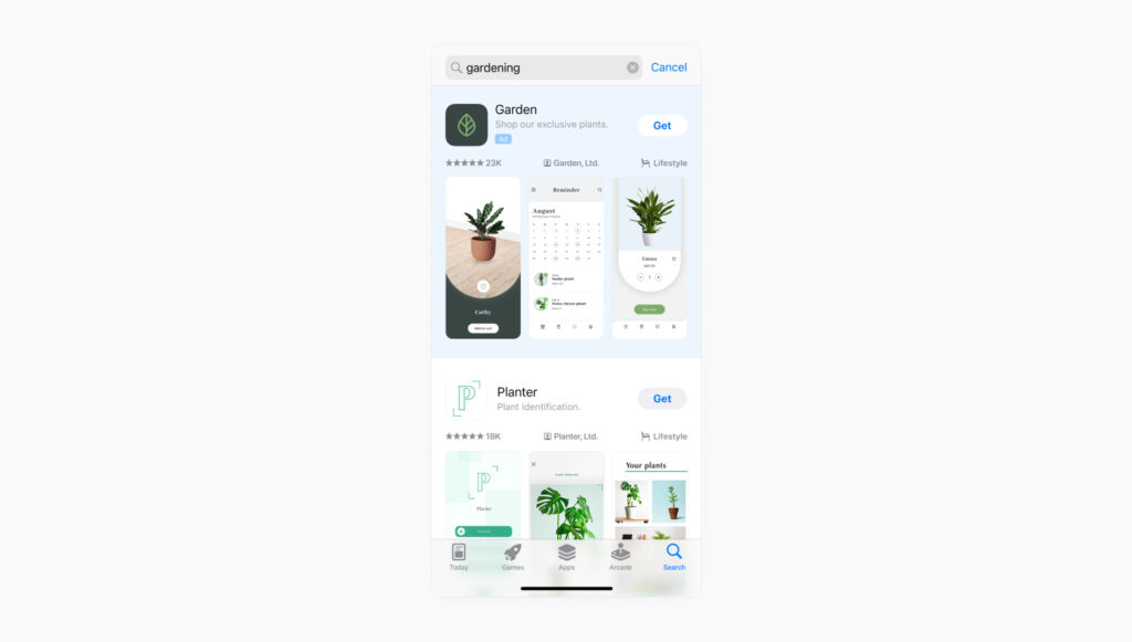 Sample search results ad in Apple Ads on the App Store.