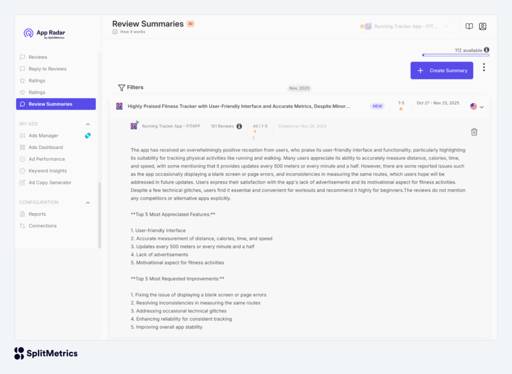 App Radar's AI review summaries