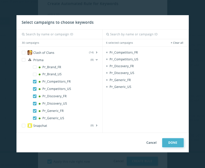 Apple Ads management: search by name or ID