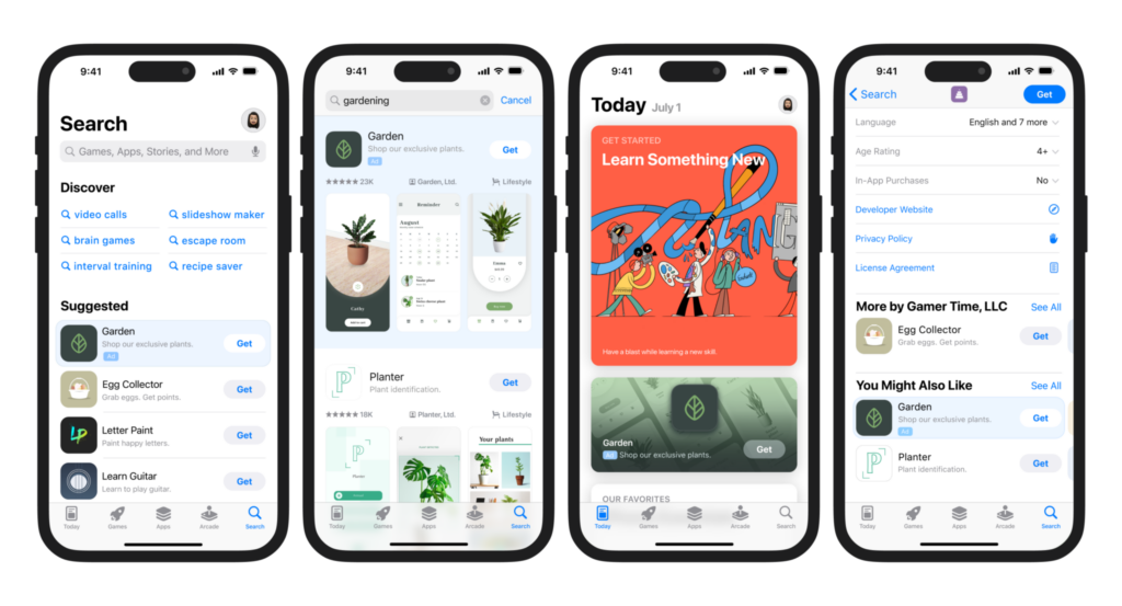 From left to right: Search tab ad, search results ad, Today tab ad and a product page ad. Today tab ads use visual assets from a designated custom product page. Use this to your advantage during special events, such as Euro 2024. Coupled with active in-app events, it&rsquo;s a great way of boosting your visibility on the App Store.