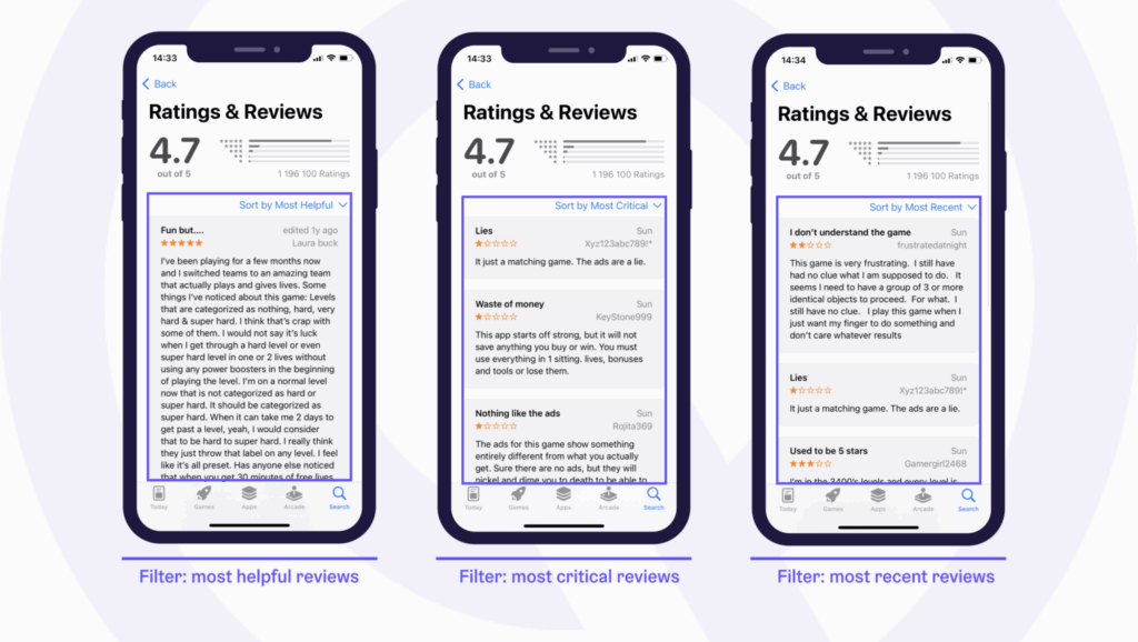 Behavior of the ratings and reviews module on an app's product page on the App Store