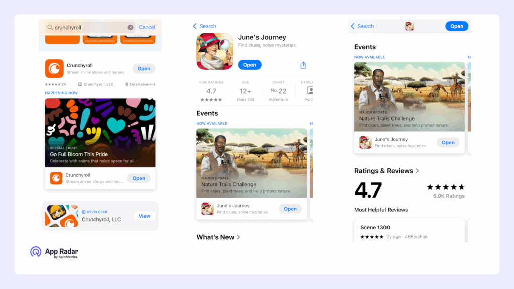 An example of in-app events on the App Store, appearing in search results and in various places of an app's product page