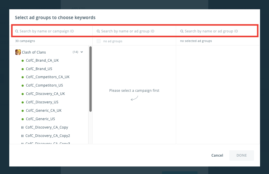 Search across account: Apple Ads management